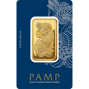 1oz Gold PAMP Fortuna Bar in sealed assay card. Features Lady Fortuna™ with intricate detailing, symbolizing prosperity and wealth.