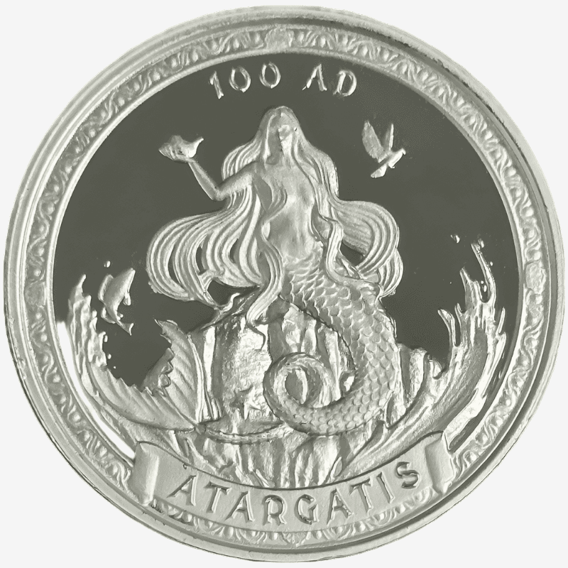 1oz Silver MERMAID Round from OZ Mint featuring Atargatis, the ancient mermaid goddess, with intricate detailing. A collectible silver bullion coin.
