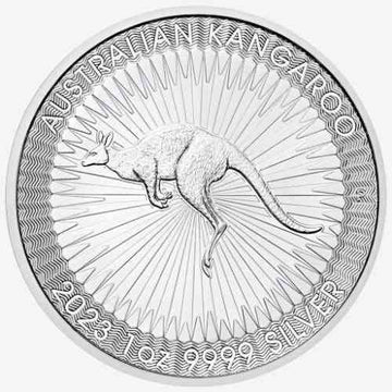 2023 Australian Kangaroo 1 oz silver coin featuring a detailed kangaroo design with radiant background. A collectible bullion piece from Perth Mint.