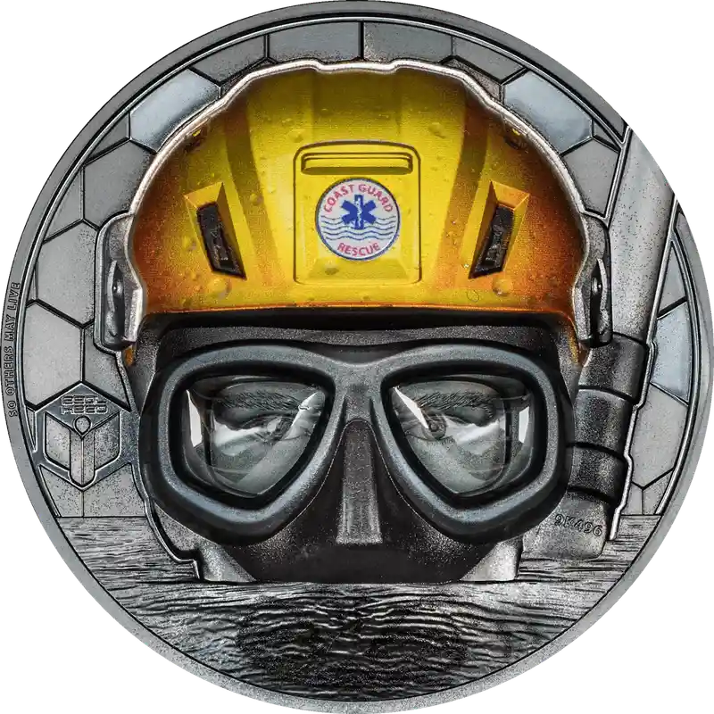 2023 Coast Guard Silver Coin featuring a high-relief diver with a yellow rescue helmet. A tribute to real heroes in maritime security, 3 oz silver.