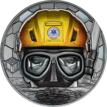 2023 Coast Guard Silver Coin featuring a high-relief diver with a yellow rescue helmet. A tribute to real heroes in maritime security, 3 oz silver.
