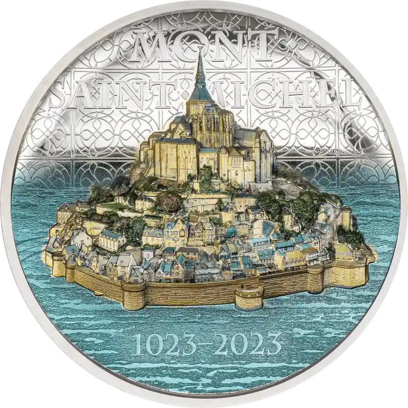 2023 Cook Island MONT-SAINT-MICHEL 2 oz Silver Coin featuring a high-relief, colored depiction of Mont-Saint-Michel with intricate detailing.