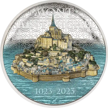 2023 Cook Island MONT-SAINT-MICHEL 5 oz Silver Coin featuring a high-relief, colored depiction of the historic Mont-Saint-Michel with intricate details.