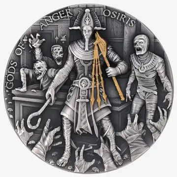 2023 Niue Osiris Silver Coin from the Gods of Anger series featuring a high-relief design of Osiris with gilded details and intricate Egyptian motifs.