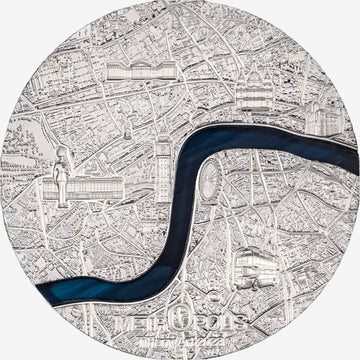 Palau London Silver Coin from the Tiffany Art series featuring a detailed city map with a blue glass insert representing the River Thames. Limited mintage of 999.