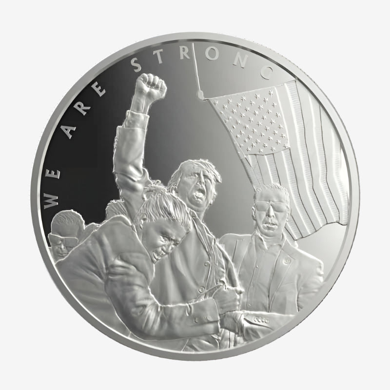 2024 Trump Silver Round featuring a detailed engraving of Donald Trump raising his fist with supporters and an American flag. Made of .999 pure silver by OZ Mint.