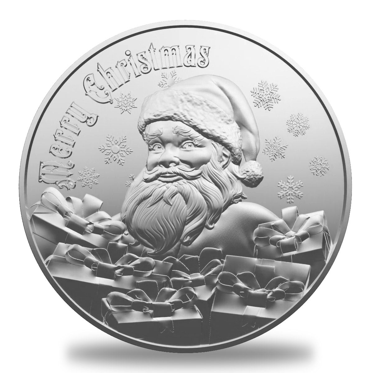 1 oz SANTA GIFTS Silver Round by OZ Mint featuring a detailed engraving of Santa Claus with holiday gifts and 'Merry Christmas' text.