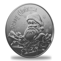 1 oz SANTA GIFTS Silver Round - OZ Mint with a festive Santa Claus design, surrounded by Christmas presents and snowflakes.