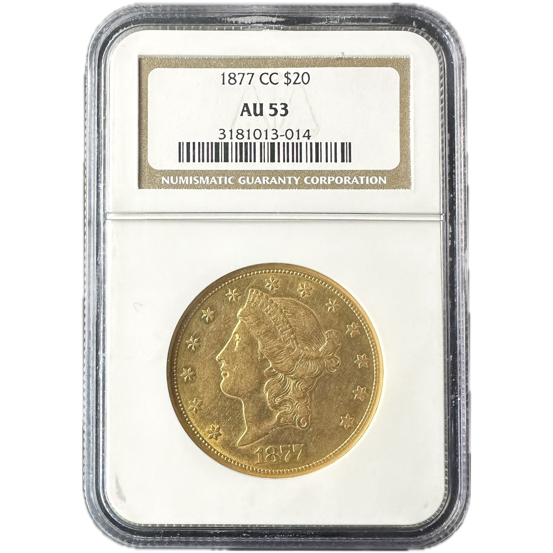 1877 CC GOLD LIBERTY HEAD US $20 Coin AU 53 - OZB
