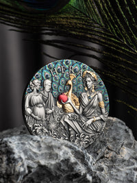 Decorative coin with 'Hera' and classical design on a peacock feather background