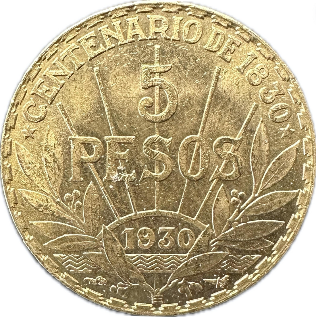 1930 URUGUAY 5 PESOS 1/4 oz Gold Coin - OZB