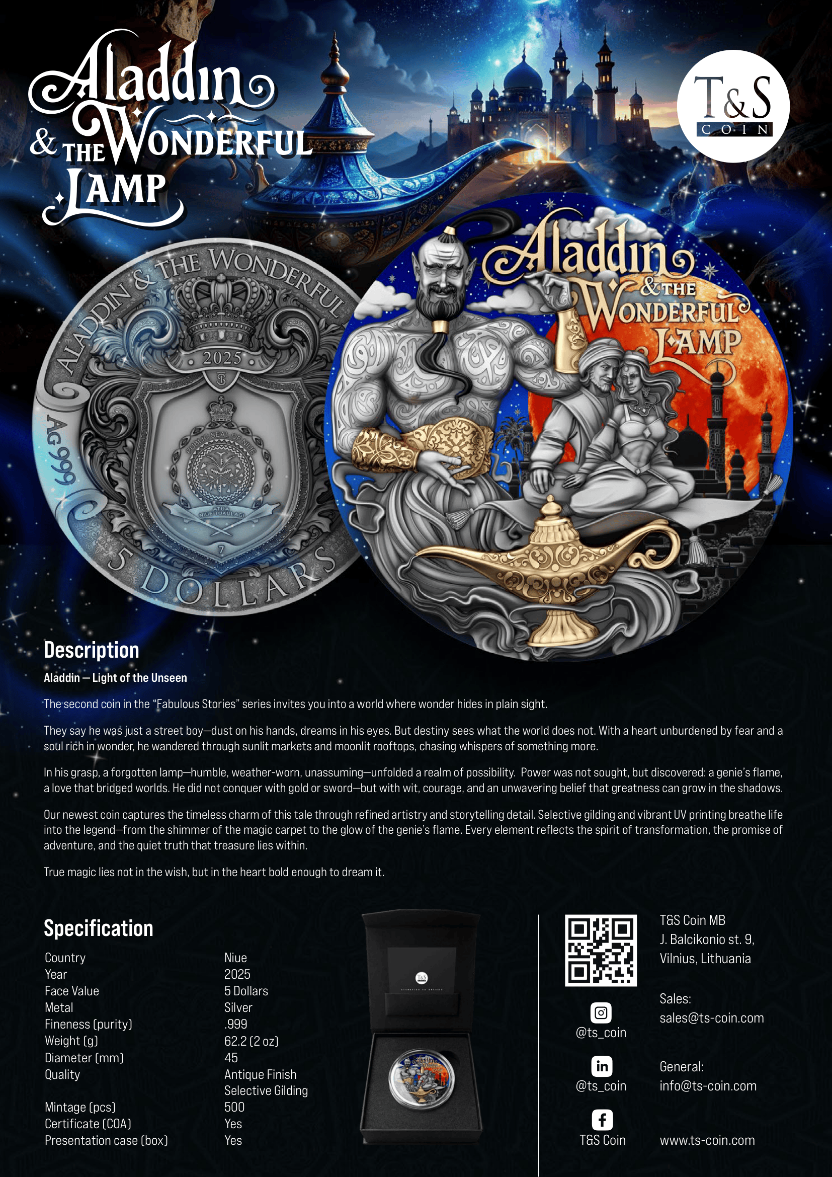 Promotional image of 'Aladdin & The Wonderful Lamp' coin with detailed specifications and branding.