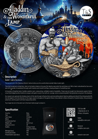 Promotional image of 'Aladdin & The Wonderful Lamp' coin with detailed specifications and branding.