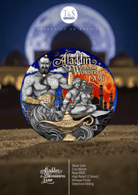 Silver coin featuring Aladdin and the Wonderful Lamp with desert scene background