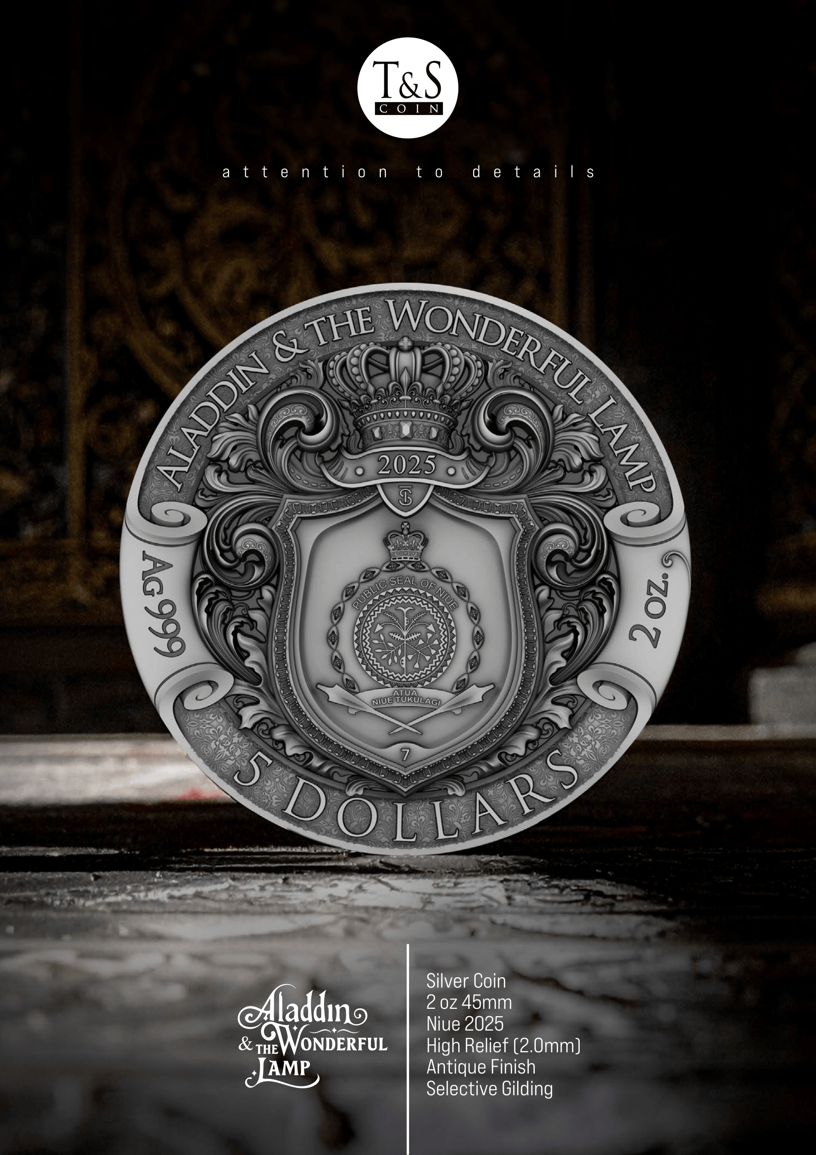 Silver coin with detailed design on a dark background, featuring 'Aladdin & The Wonderful Lamp' branding.