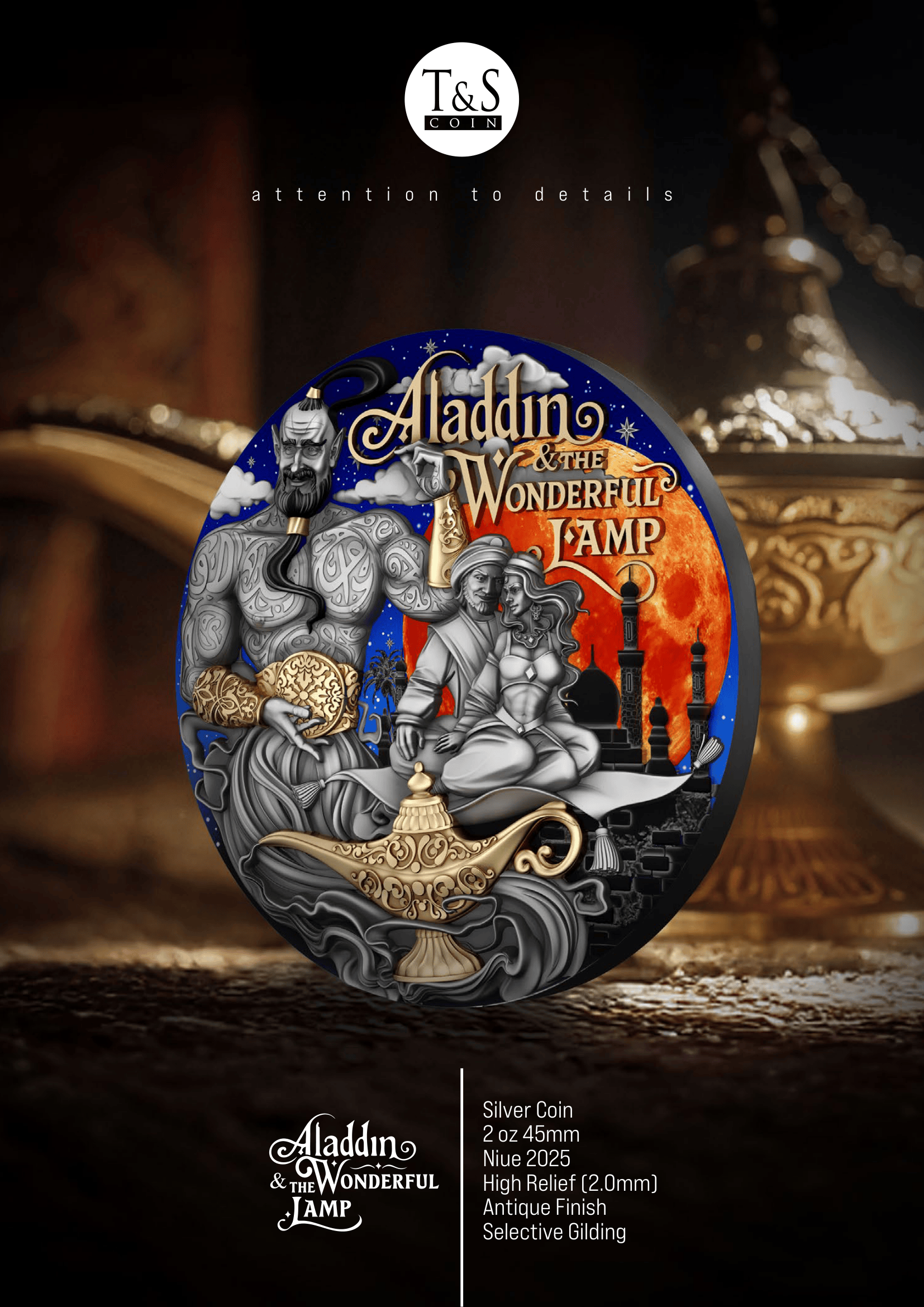 Silver coin featuring Aladdin and the Wonderful Lamp with detailed design and T&S Coins branding.
