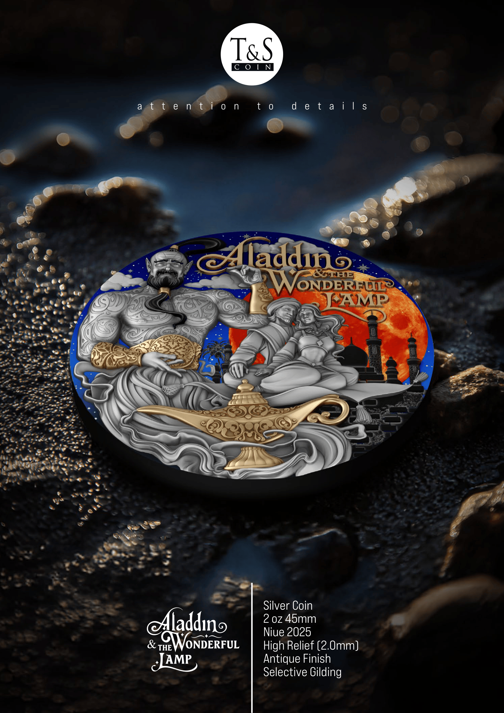 Silver coin featuring Aladdin and the Wonderful Lamp design on a dark textured background.