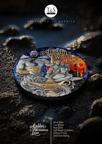 Silver coin featuring Aladdin and the Wonderful Lamp design on a dark textured background.