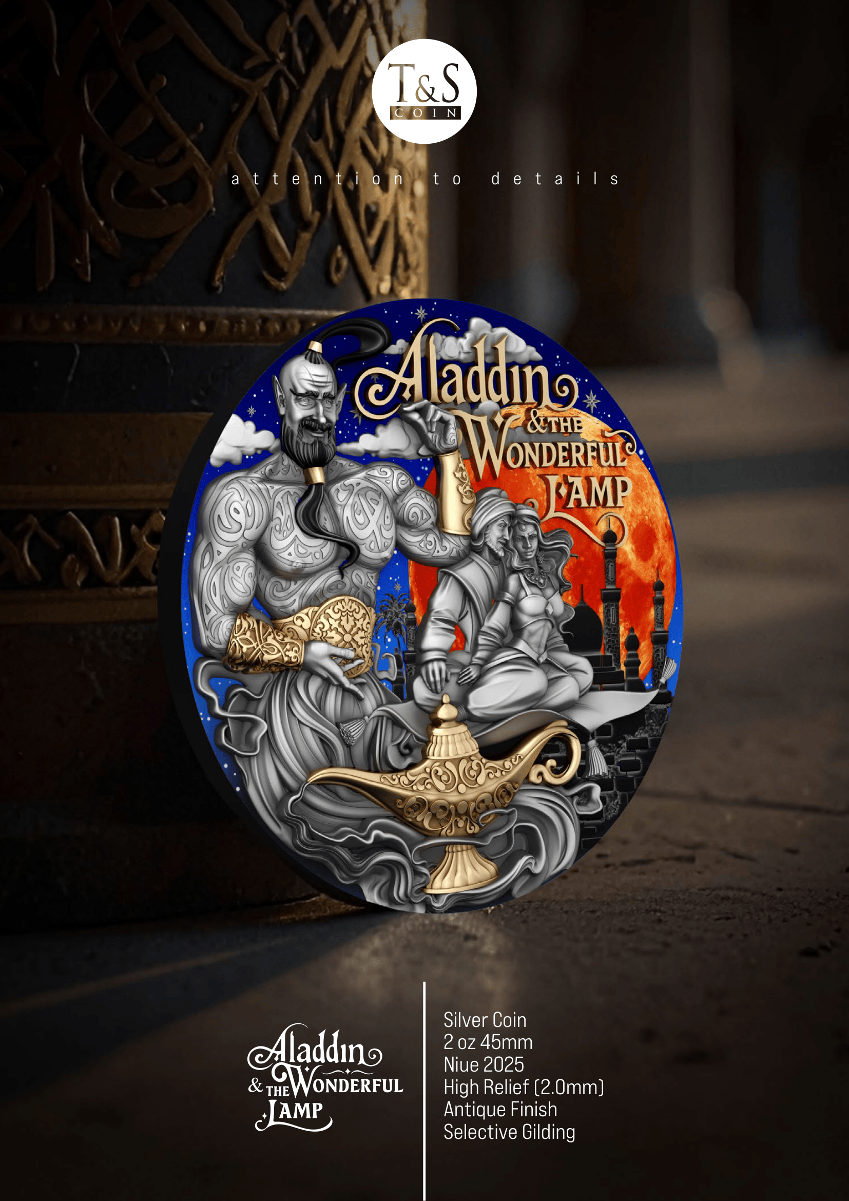 Aladdin and the Wonderful Lamp silver coin with detailed design on a dark background