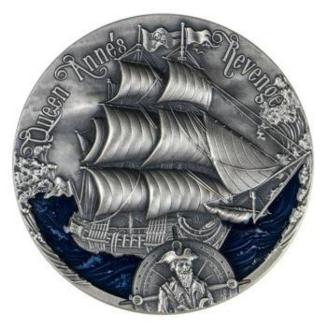 2019 2 oz QUEEN ANNE'S REVENGE Silver Coin MS 70 Golden Age of Sail - Cameroon - OZB