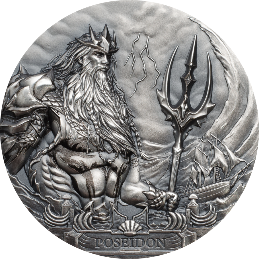 2019 Cook Islands POSEIDON - Gods of the World (MS70) 3oz Silver Antique Coin - OZB