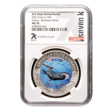2021 Cook Islands ALASKA BOWHEAD WHALE MS 70 1oz Silver Coin U.S. State Animal Series - OZB