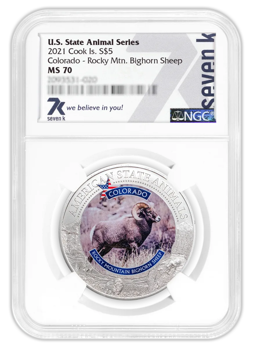 2021 Cook Island COLORADO-ROCKY MTN. BIGHORN SHEEP MS 70 1oz Silver Coin U.S. State Animal Series - OZB