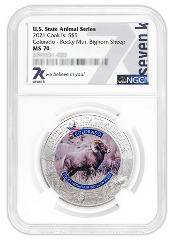 2021 Cook Island COLORADO-ROCKY MTN. BIGHORN SHEEP MS 70 1oz Silver Coin U.S. State Animal Series - OZB