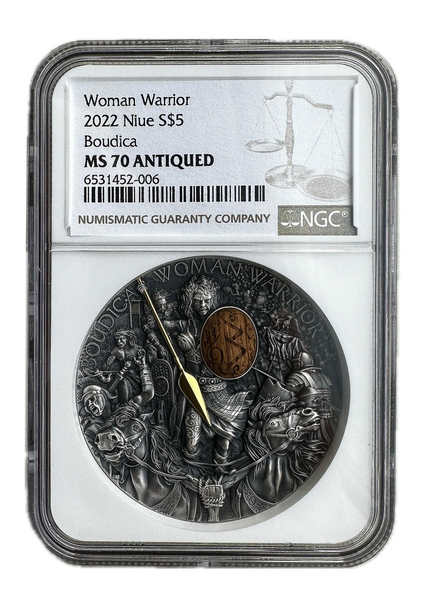 Boudica WOMAN WARRIOR Niue 2022 MS 70 Antiqued 2oz Silver Coin - OZB