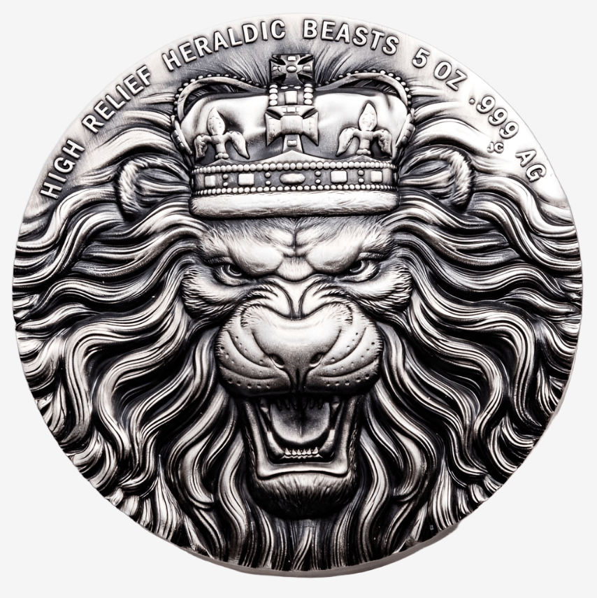 2022 Tristan 5 oz Heraldic Beasts Silver Coin featuring a high-relief roaring lion with a crown. A unique collectible with intricate detailing.