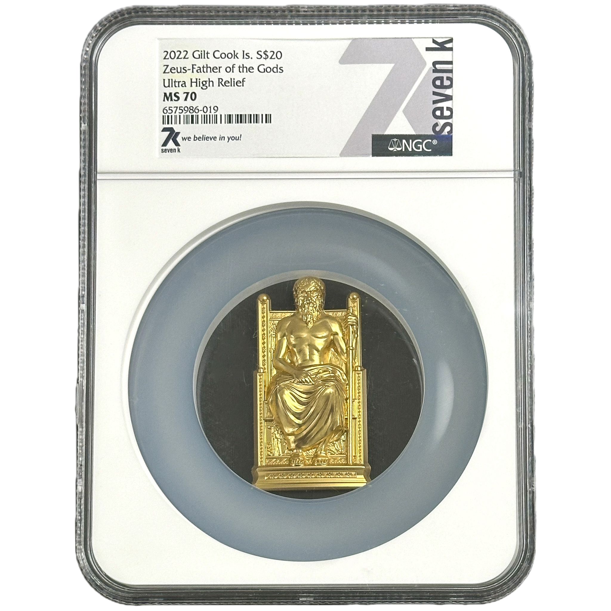 2022 Zeus - Father of the Gods Gilt Cook Is. Gold Plated 3 oz Silver $20 MS 70 Coin - Oz Bullion