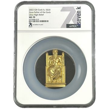 2022 Zeus - Father of the Gods Gilt Cook Is. Gold Plated 3 oz Silver $20 MS 70 Coin - Oz Bullion