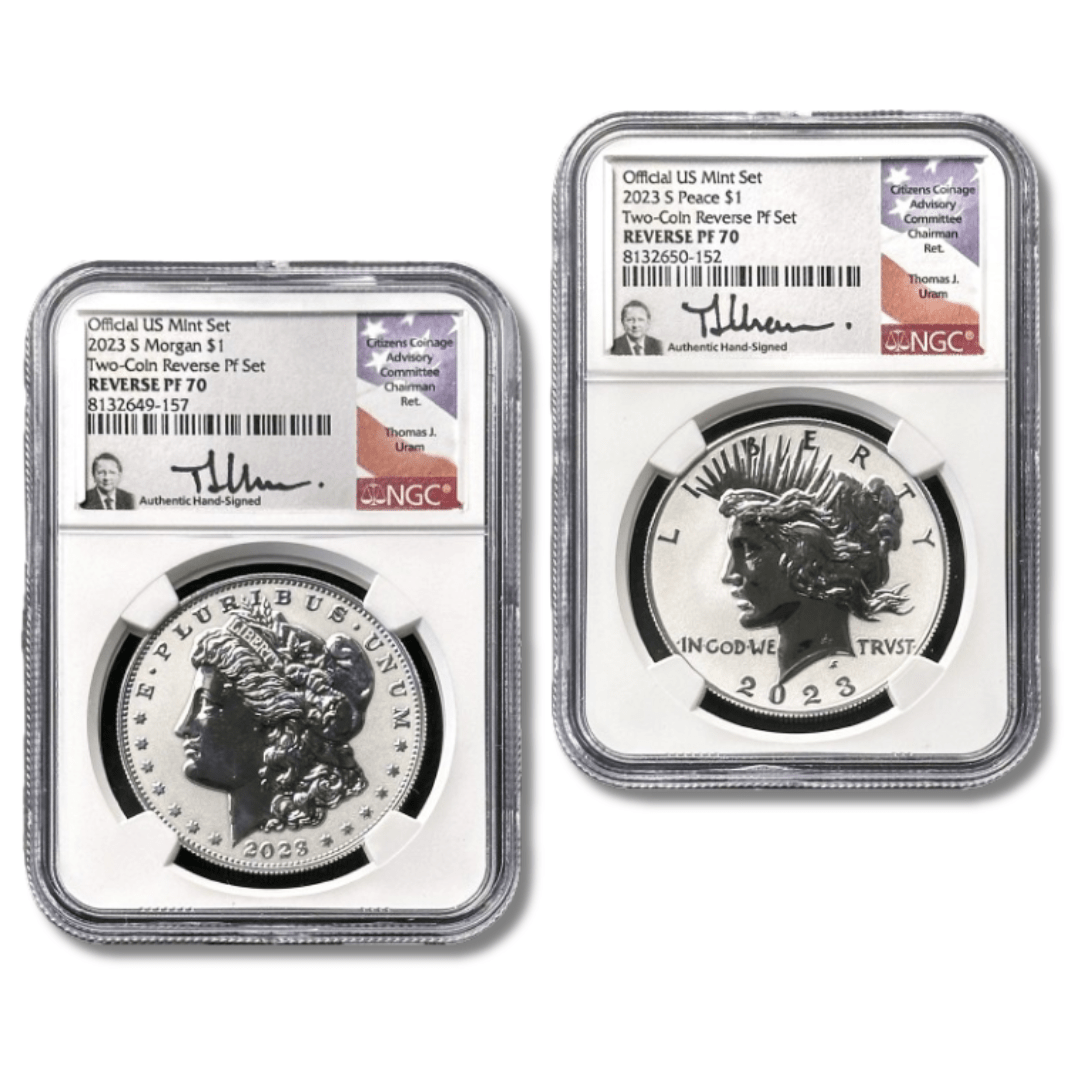 2023 - S MORGAN PEACE DOLLAR Two - Coin Reverse Proof Set NGC PF70 - OZB