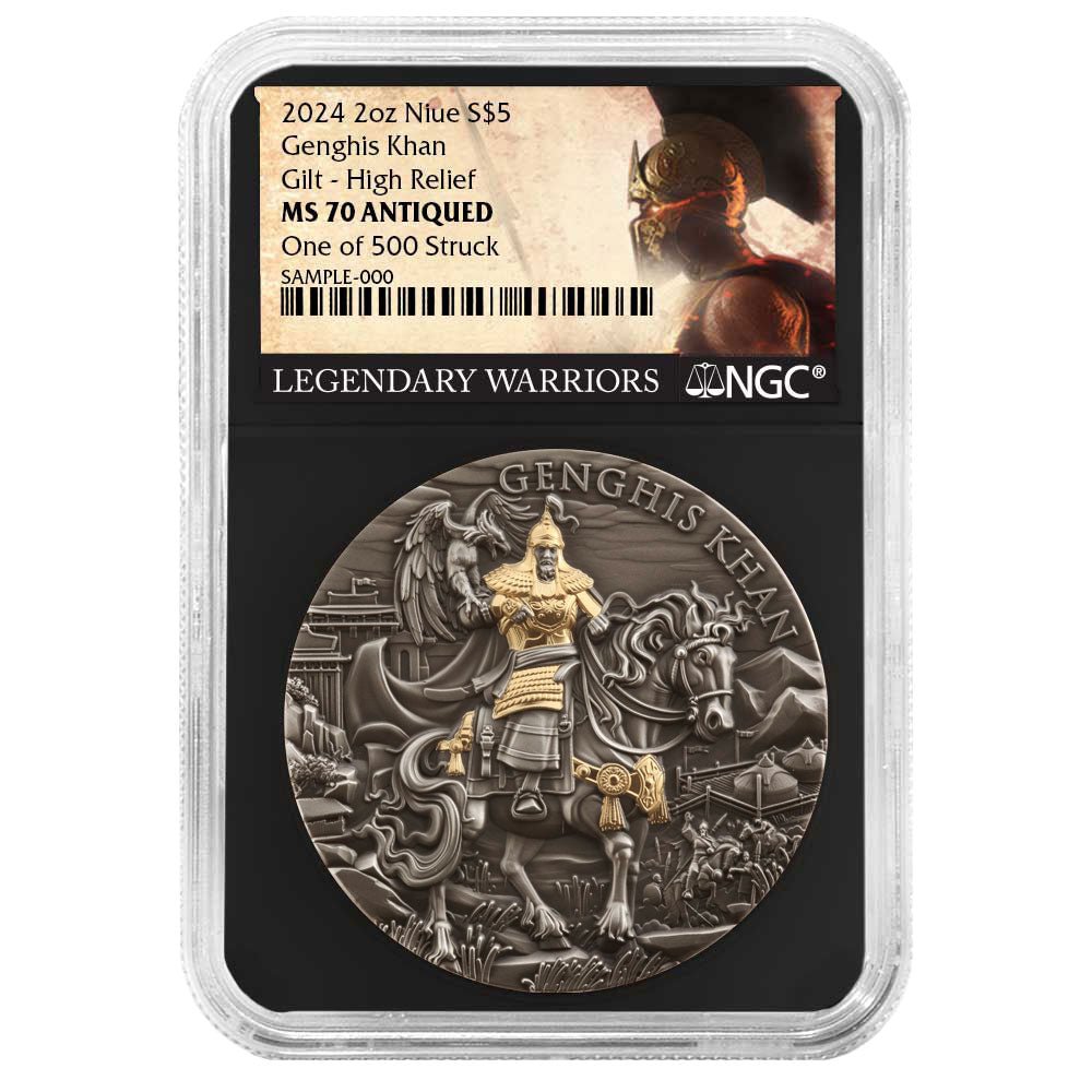 2024 2 oz GENGHIS KHAN Silver Coin NGCX MS 10 Legendary Warriors - Niue - Oz Bullion