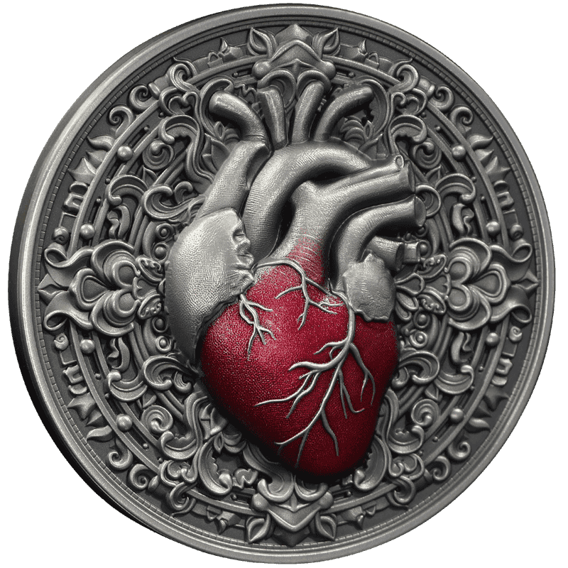 2024 Niue COR UNUM - Essentia 3 oz Silver Coin featuring a high-relief human heart with red coloring, surrounded by intricate antique-style engravings.