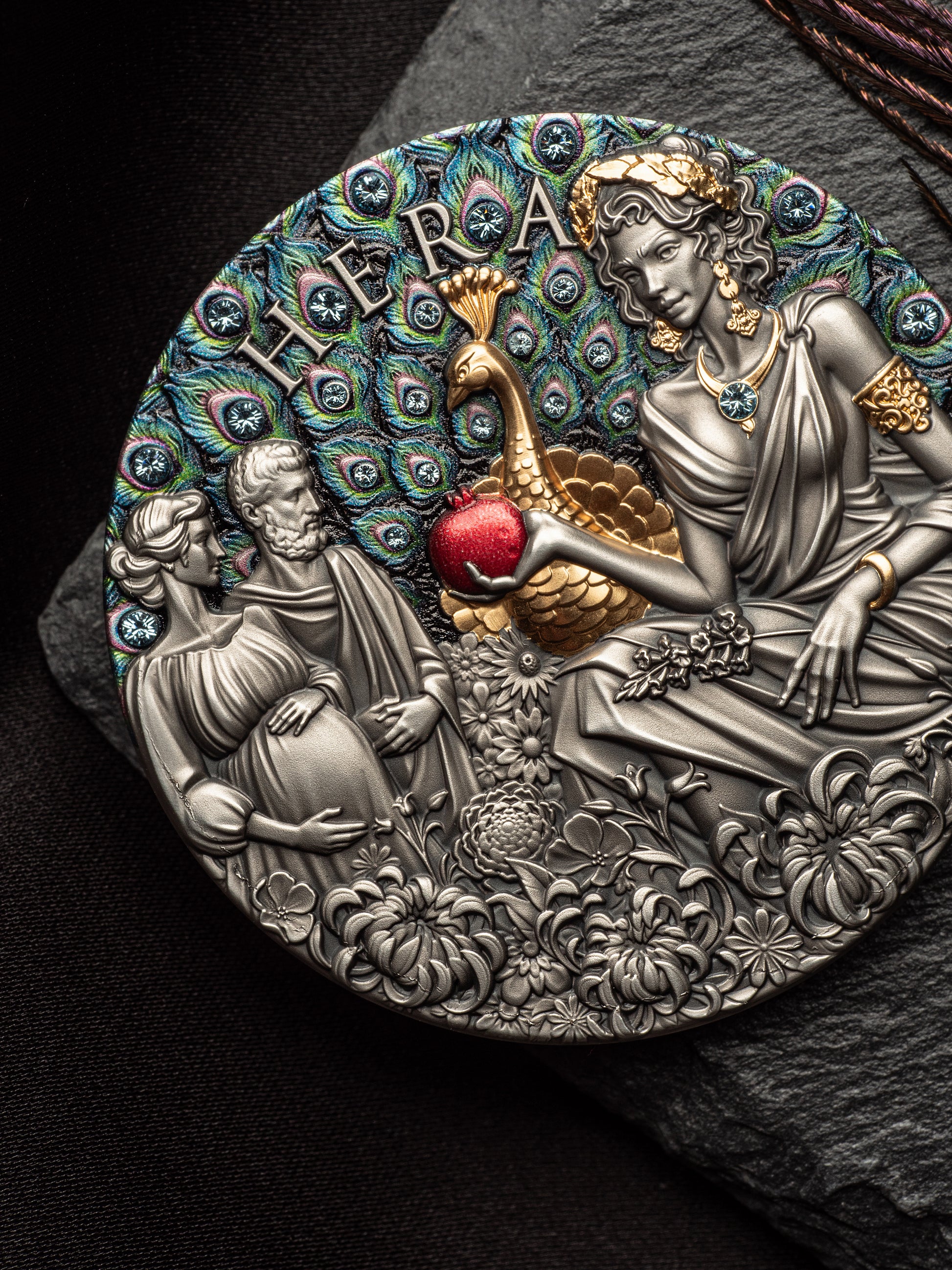 Decorative medallion with classical design on a dark surface