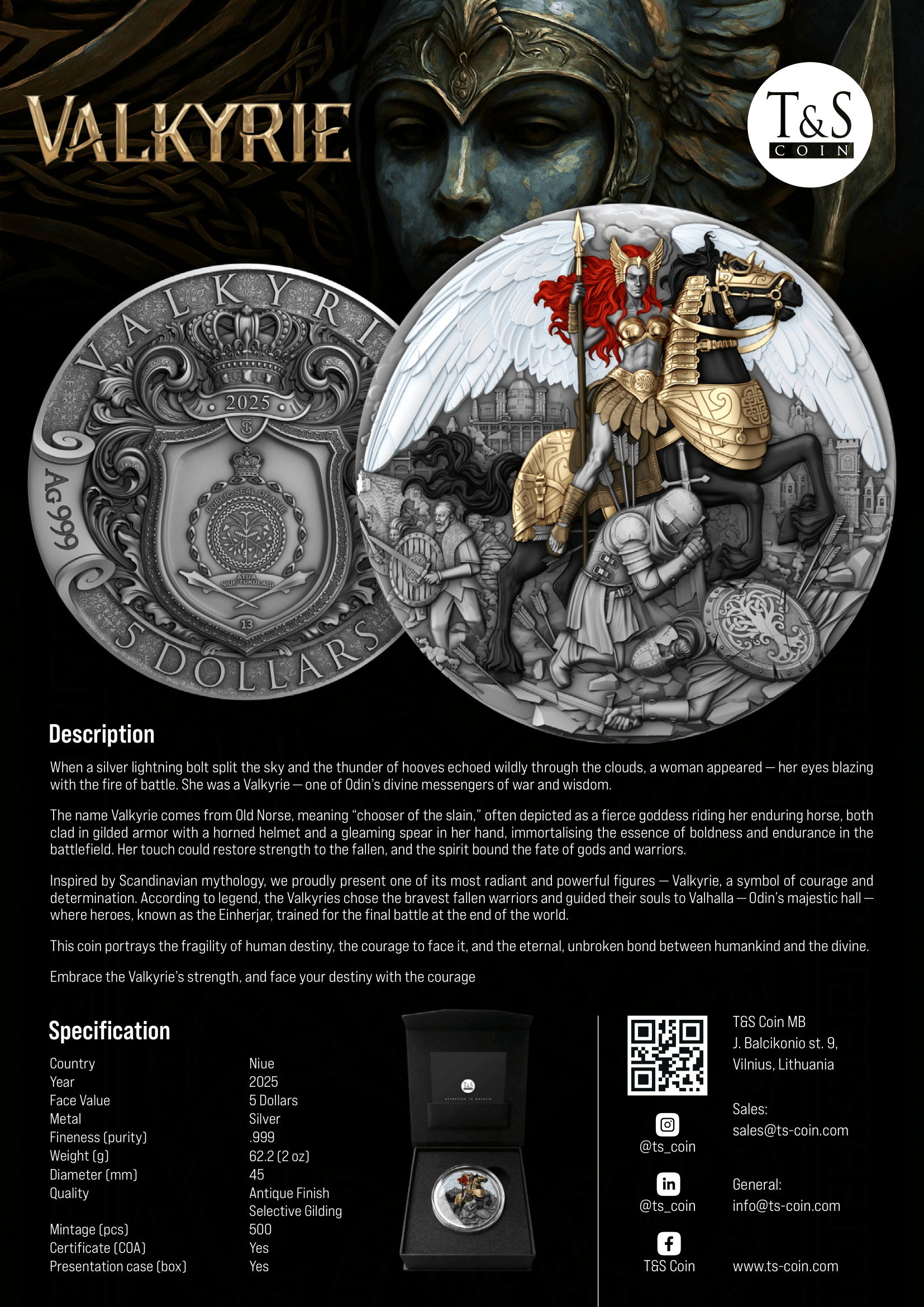 VALKYRIE 2 oz Silver Coin - 5 Dollars Niue 2025 - T&S Coin