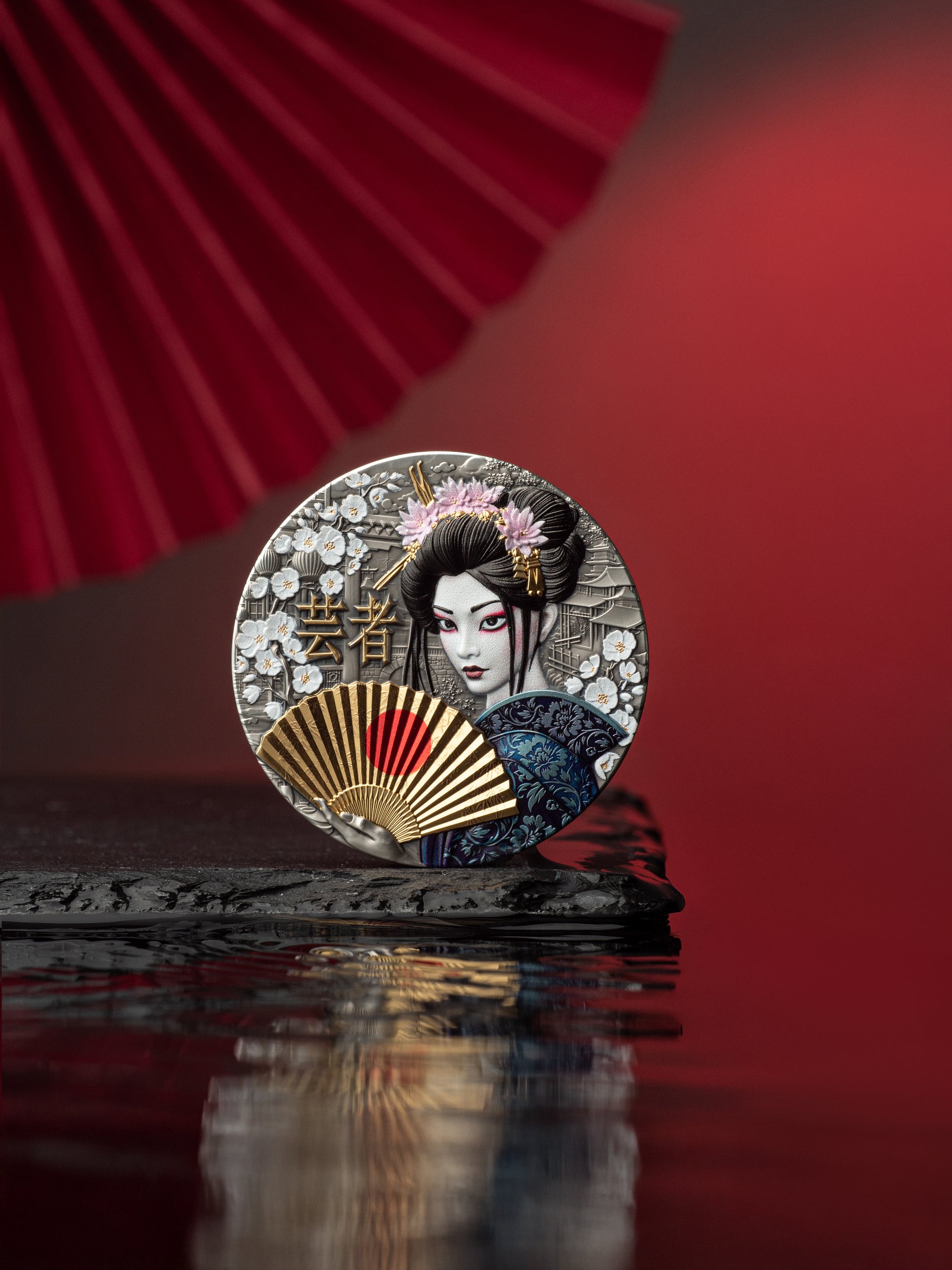 Decorative coin with a geisha design against a red background
