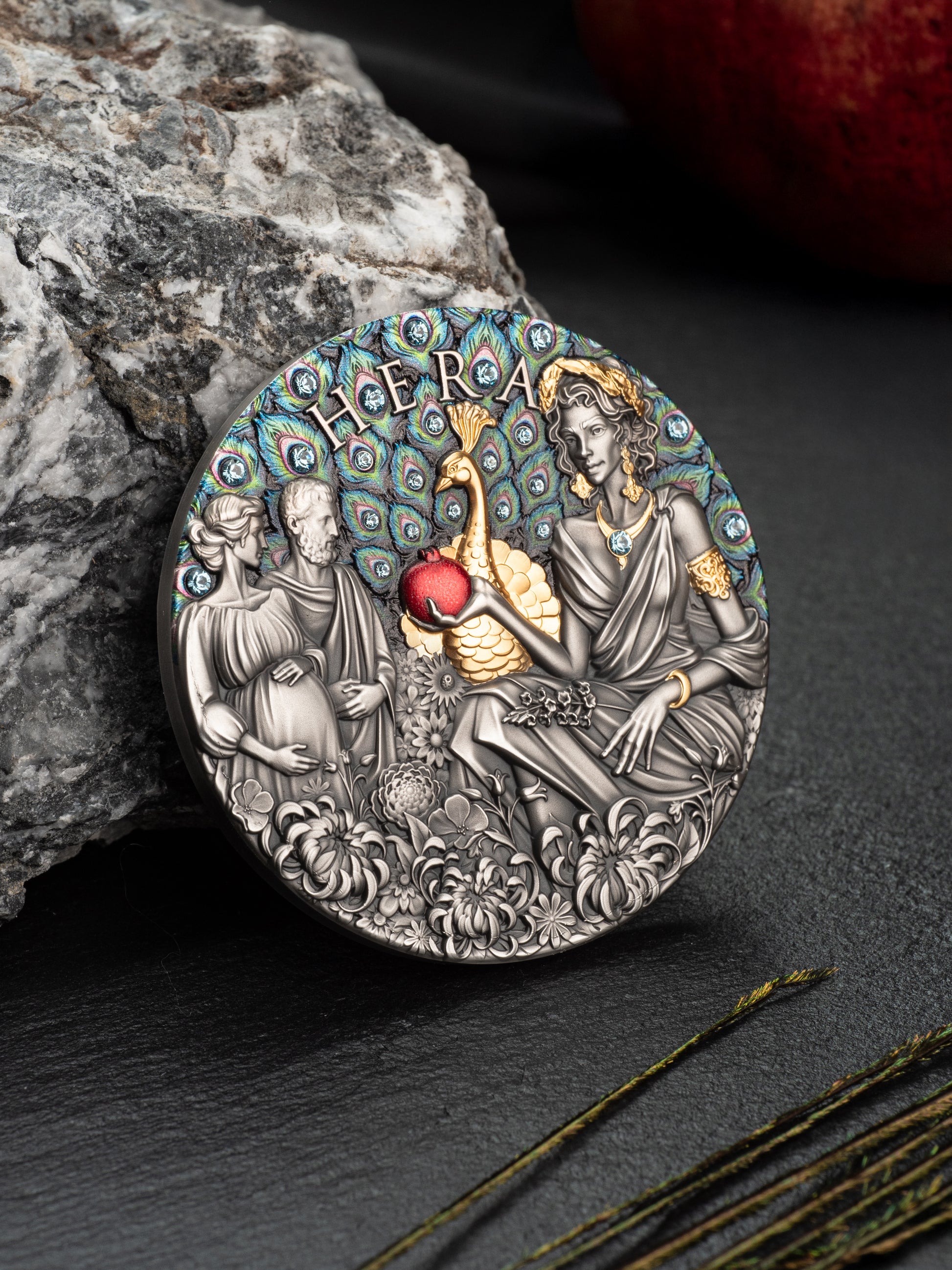 Decorative coin with classical design on a dark surface