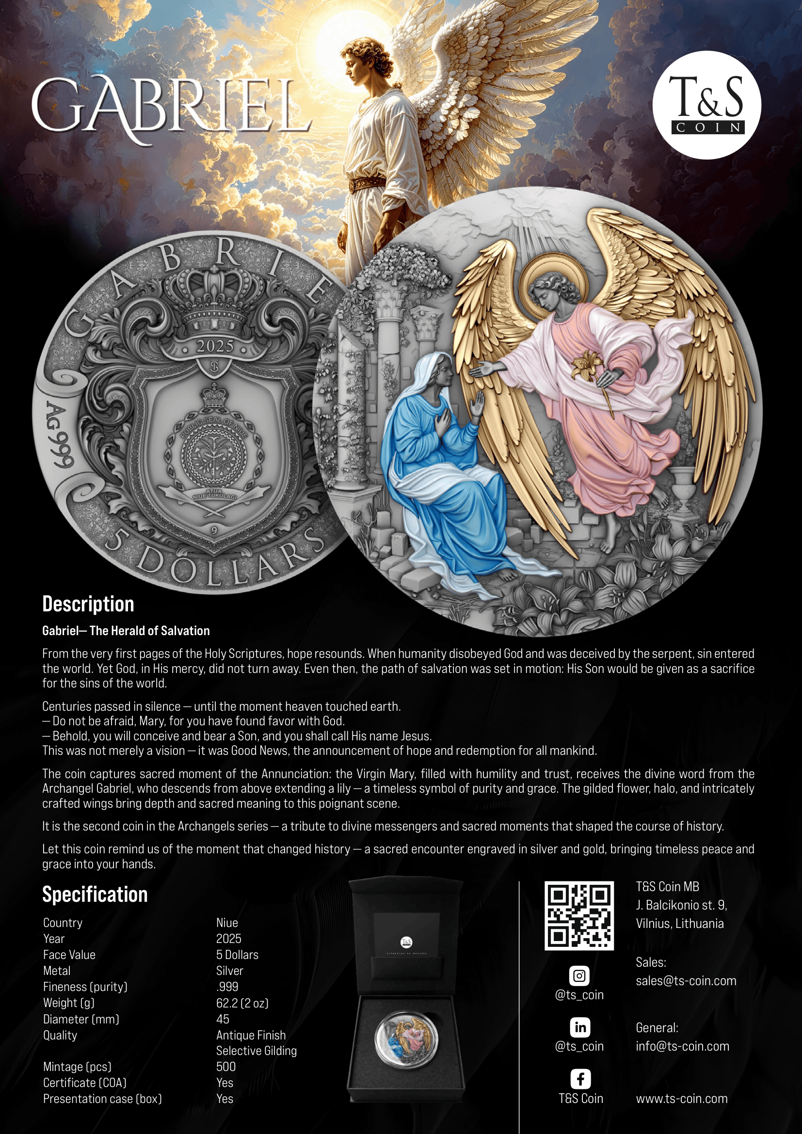 GABRIEL 2 oz Silver Coin - 5 Dollars Niue 2025 - T&S Coin