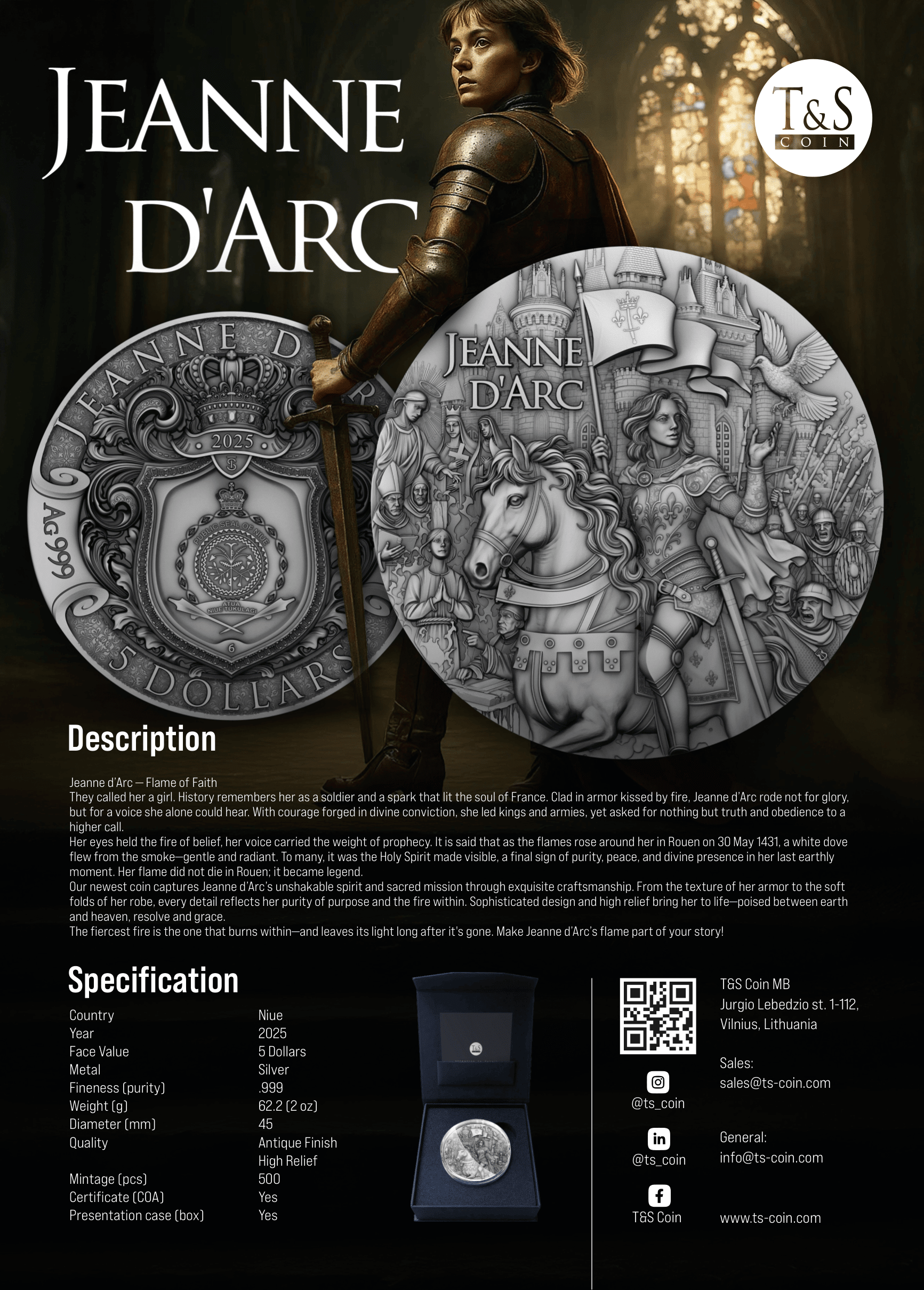 Promotional poster for a 'Jeanne d'Arc' coin collection featuring a woman in armor and two silver coins.