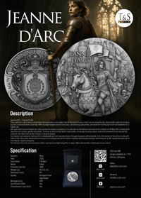 Promotional poster for a 'Jeanne d'Arc' coin collection featuring a woman in armor and two silver coins.
