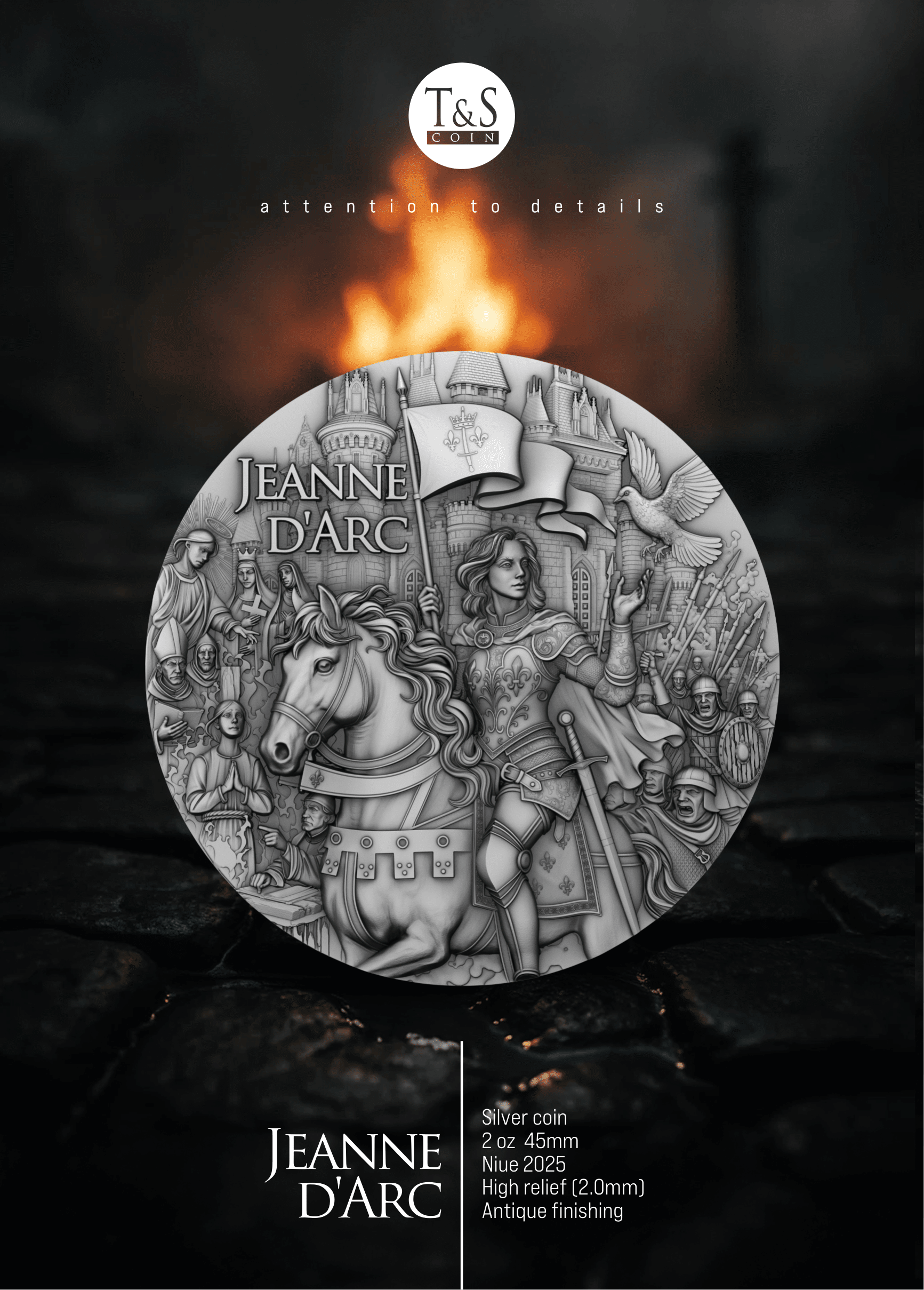 Medal of Jeanne d'Arc with horse and flag design on a dark background