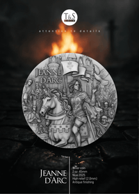 Medal of Jeanne d'Arc with horse and flag design on a dark background