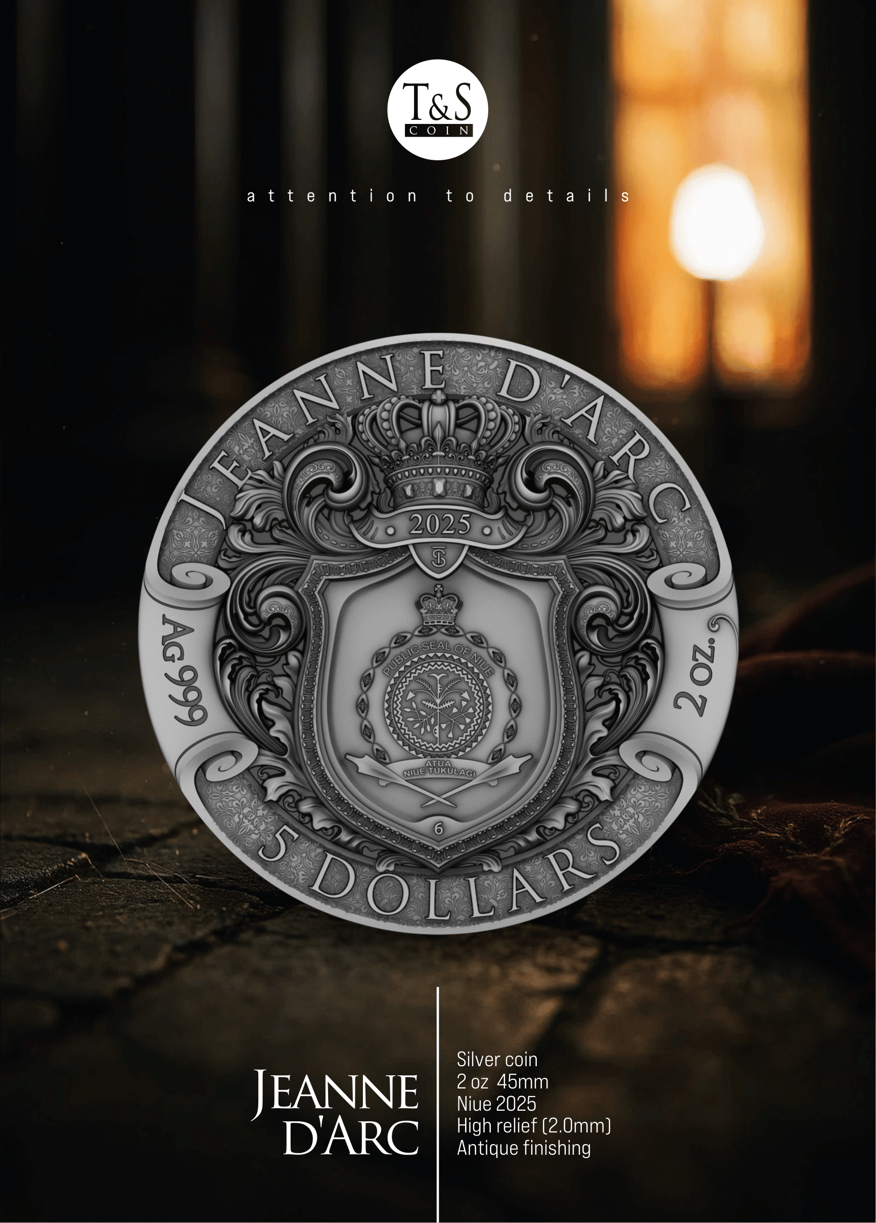 Silver coin with intricate design and 'T&S' branding on a dark background