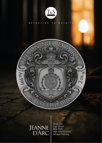 Silver coin with intricate design and 'T&S' branding on a dark background