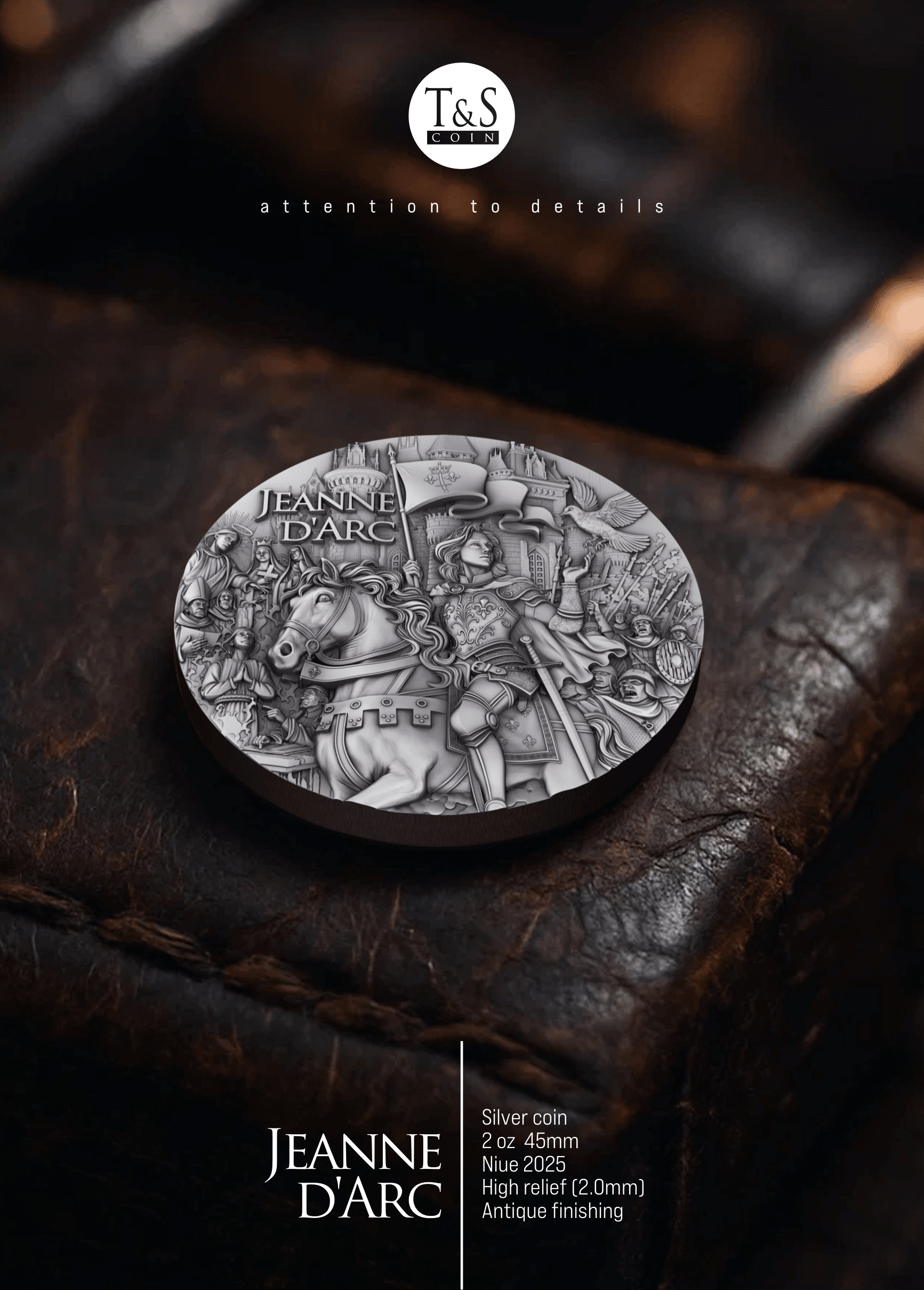 Silver coin featuring Jeanne d'Arc on a dark leather surface with T&S logo.