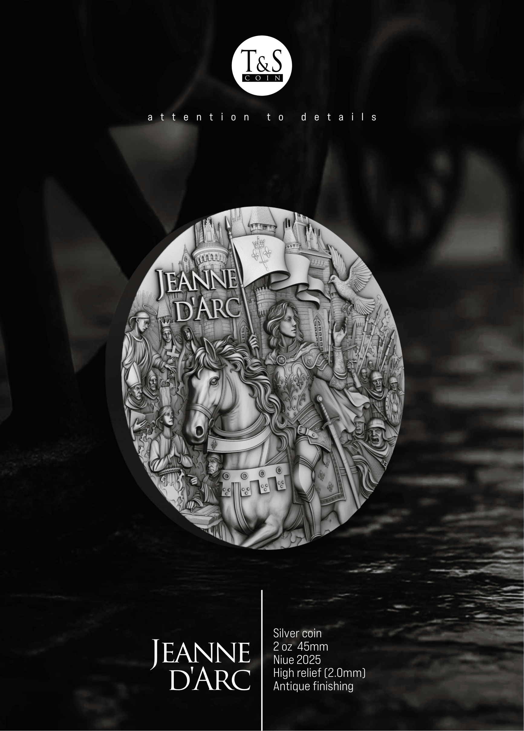 Medal of Jeanne d'Arc with detailed design on a dark background