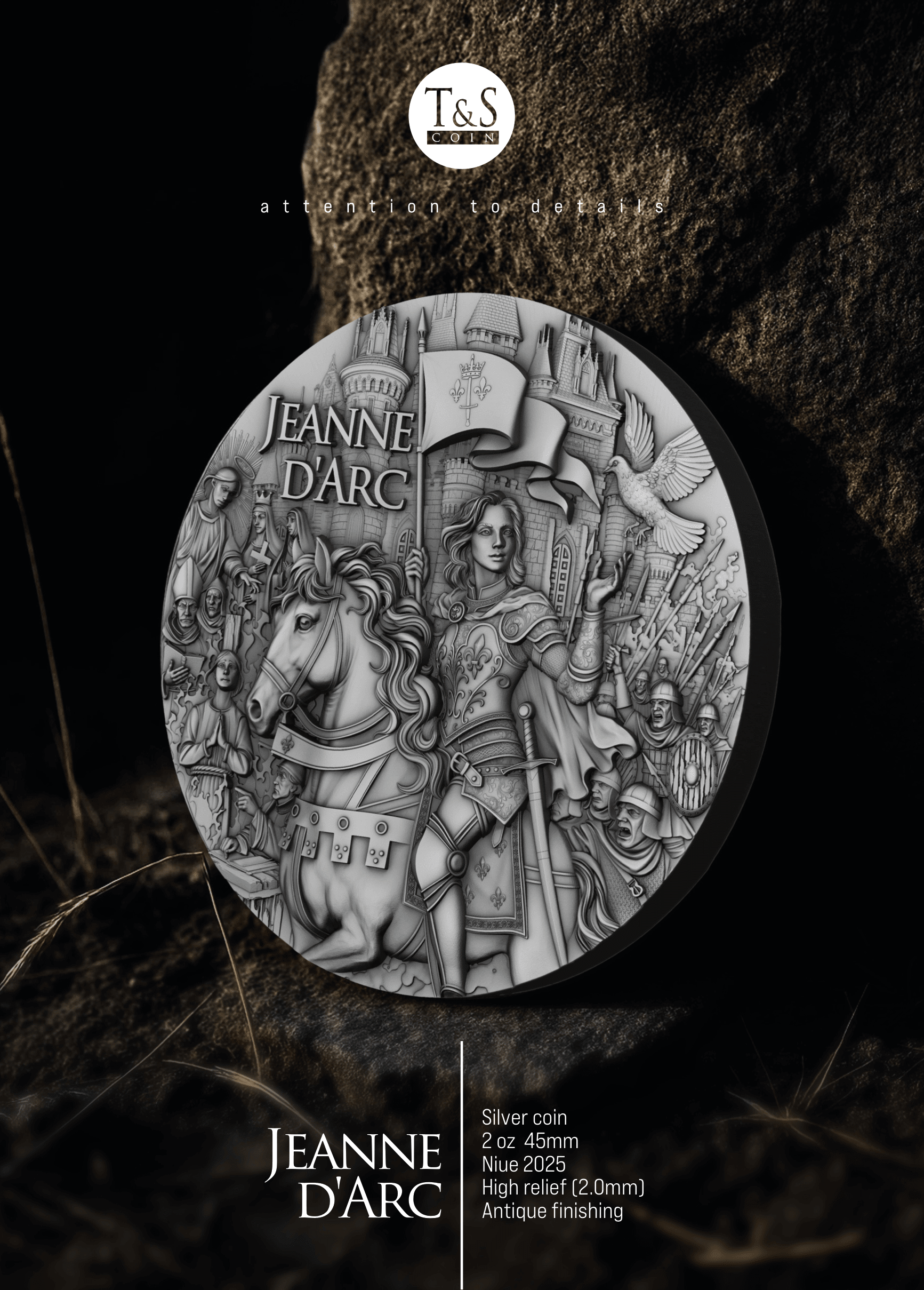 Silver coin featuring Jeanne d'Arc on a dark textured background