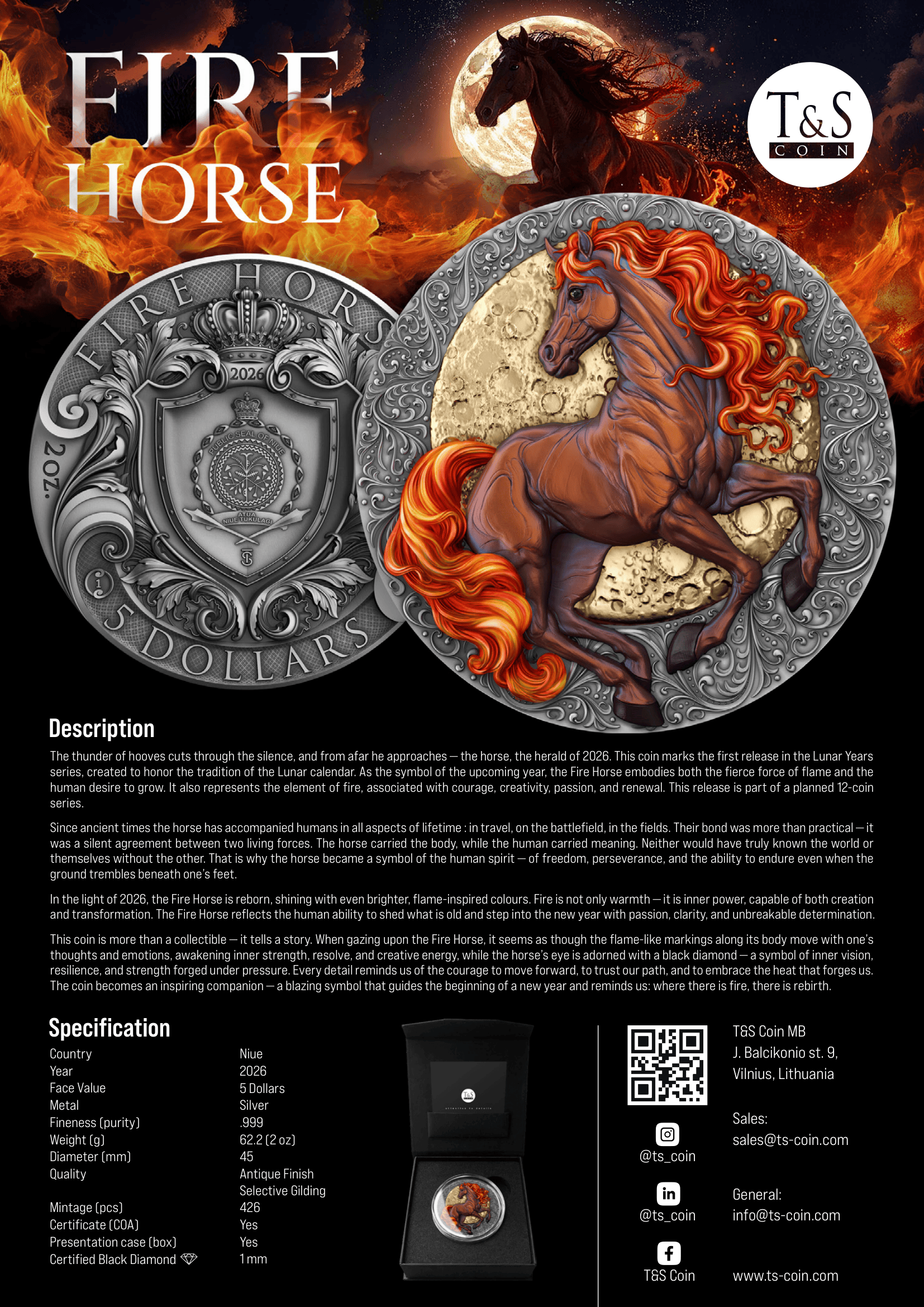 Silver coin with a horse design and text about 'Fire Horse' coin, featuring T&S logo.